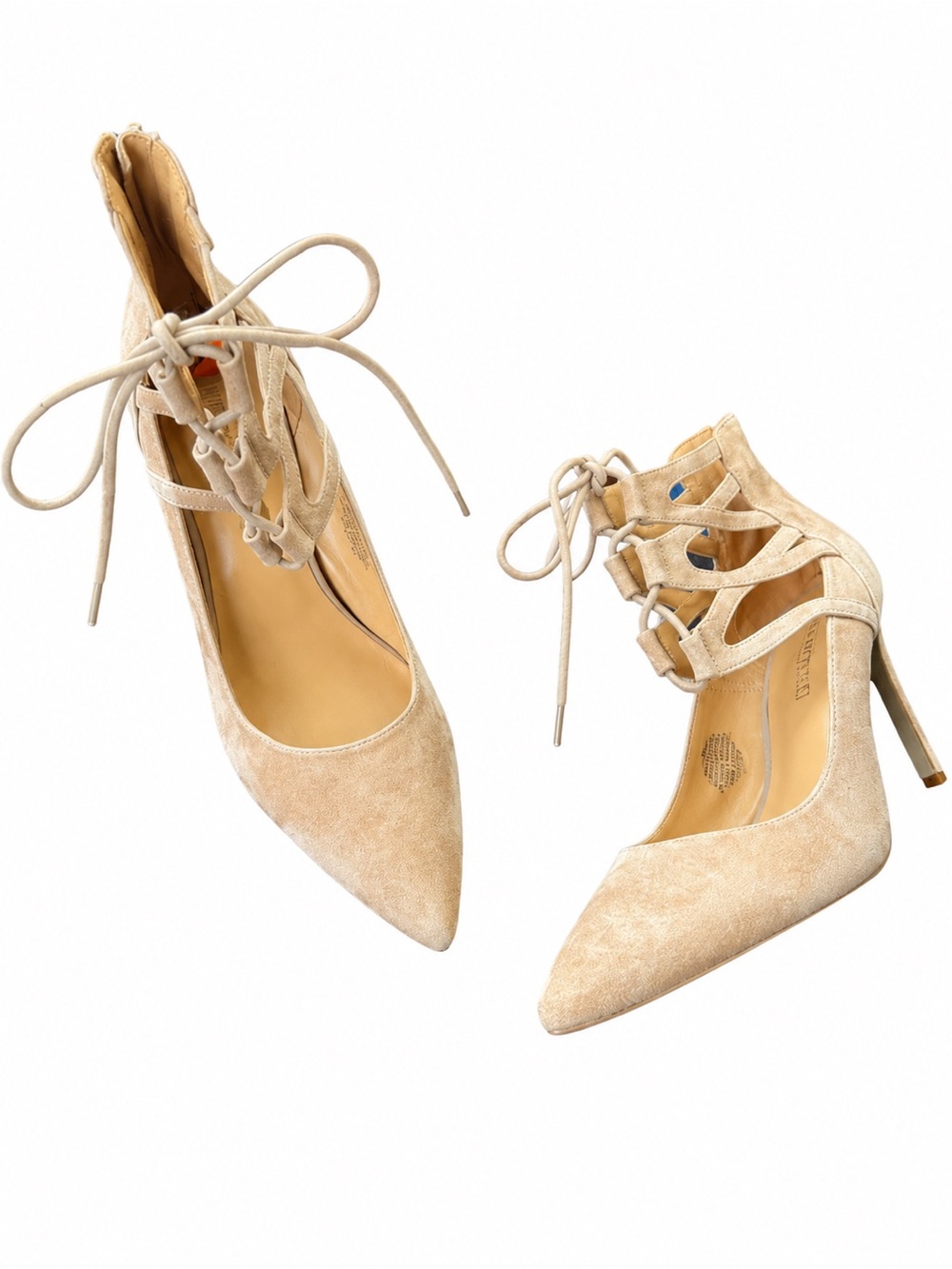 Nine West Beige Leather Pumps | Lace Up | Pointed Toe Stiletto Heels | 9.5